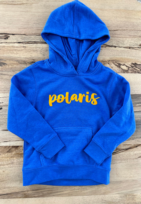 Blue hoodie with flocked lettering